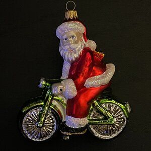 CHRISTMAS ORNAMENT SANTA CLAUS RIDING A GREEN MOTORCYCLE BLOWN GLASS POLAND